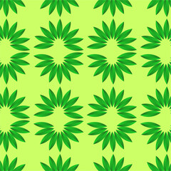 A vibrant repeating pattern of green petal-like shapes forming sunburst motifs on a light green background, radiating freshness and energy.
