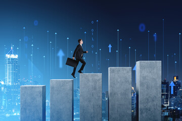 Businessman climbing concrete steps towards success with digital