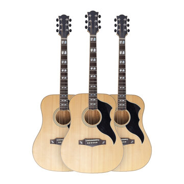 Musical instrument - Three vertical view Western acoustic guitar isolated white