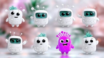Obraz premium Cute White Robots and Purple Creature Digital Illustration