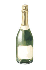 Watercolor champagne bottle illustration on transparent background.