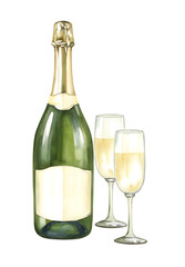 Watercolor champagne bottle and glasses on transparent background.