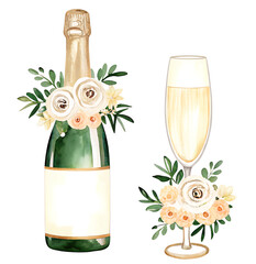 Watercolor champagne bottle and glass with floral accents on transparent background.