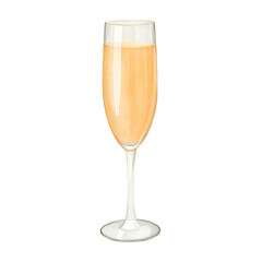 Watercolor champagne flute with peach-colored drink on transparent background.