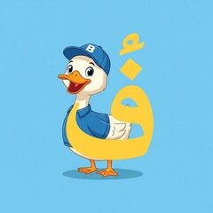 Fototapeta premium Cute duck cartoon character wearing cap with yellow arabic alphabet on blue background