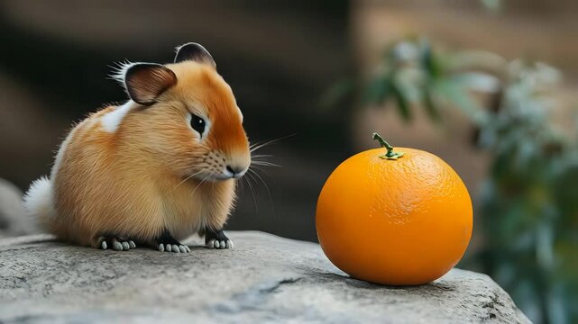 A chubby pika next to a fresh orange placed on a rock ledge with natural lighting and clear image depth