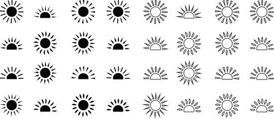 Sun icon set, sunshine and solar glow sunrise or sunset. Decorative circle full and half sun and sunlight. Hot solar energy for tan. Vector sun light sign collection isolated on transparent background