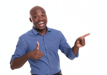 Excited Man in Blue Shirt Pointing to the Side – Happy Office Worker Promoting an Advertisement, Isolated on White Background with Copy Space, High-Resolution Studio Photography