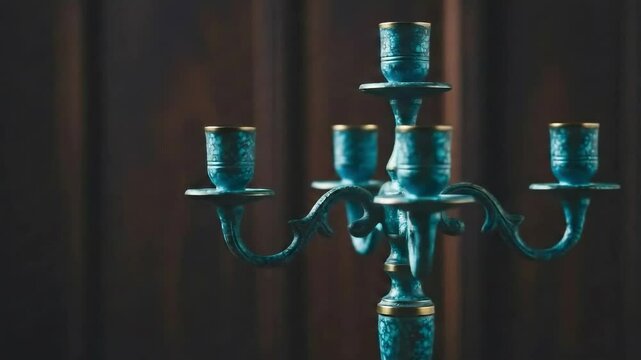 Ornate teal candelabra with five candle holders and dark background. Vintage decorative object for home ambiance