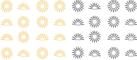 Sun icon set, sunshine and solar glow sunrise or sunset. Decorative circle full and half sun and sunlight. Hot solar energy for tan. Vector sun light sign collection isolated on transparent background