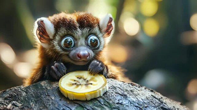 A cute slow loris staring at a banana slice on a tree trunk with focused lighting and blurry forest depth