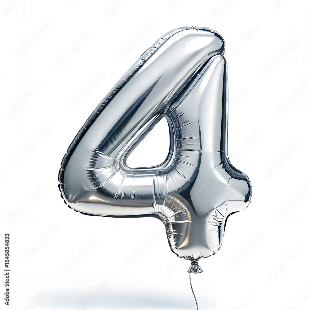 Fototapete a balloon shaped like the number 4 ,silver metallic finish with realistic reflections and smooth tex