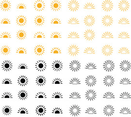 Sun icon set, sunshine and solar glow sunrise or sunset. Decorative circle full and half sun and sunlight. Hot solar energy for tan. Vector sun light sign collection isolated on transparent background