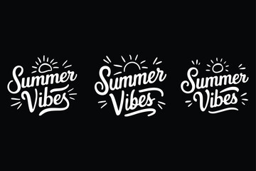 Three white summer vibes wordmark designs with sun illustrations over a black background.