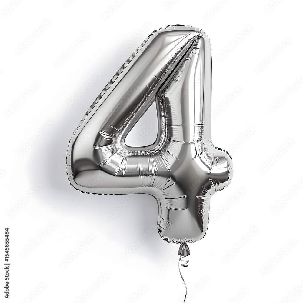 Fototapete a balloon shaped like the number 4 ,silver metallic finish with realistic reflections and smooth tex