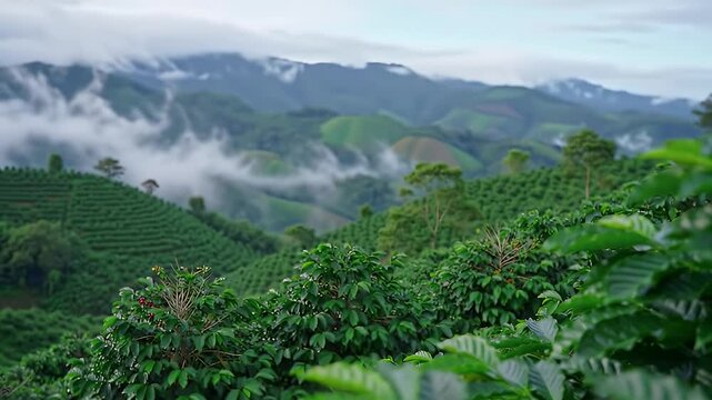Lush Green Coffee Plantation Aerial View with Rolling Hills Partially Veiled by Low Clouds in Serene Ambiance