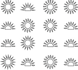 Sun icon set, sunshine and solar glow sunrise or sunset. Decorative circle full and half sun and sunlight. Hot solar energy for tan. Vector sun light sign collection isolated on transparent background