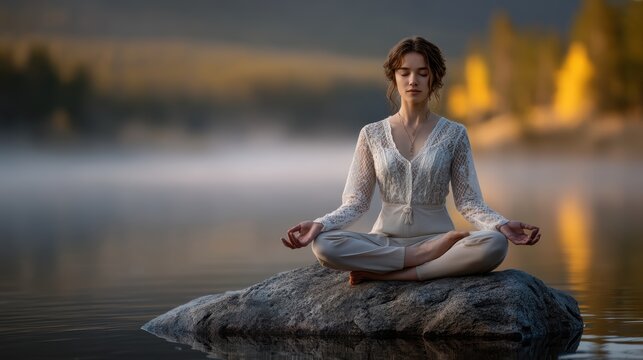 A peaceful woman finds inner calm with lakeside yoga embracing mindfulness tranquility and a deep connection with nature under soft light in a serene setting