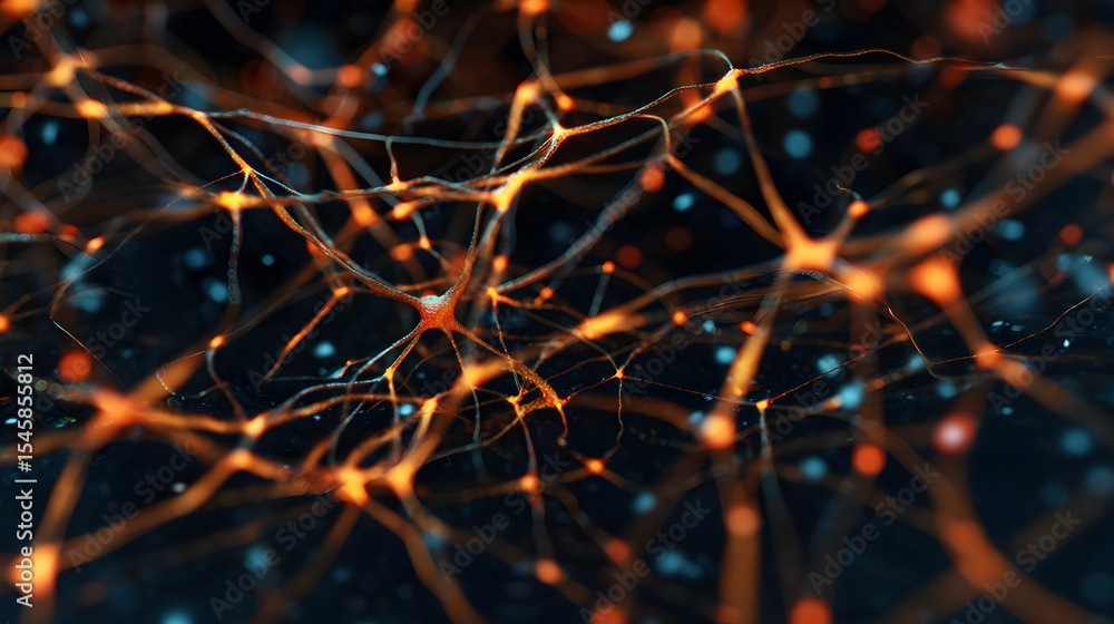 Poster neural network: intricate network of glowing neurons and synapses. abstract representation of neural