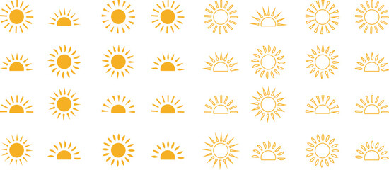 Sun icon set, sunshine and solar glow sunrise or sunset. Decorative circle full and half sun and sunlight. Hot solar energy for tan. Vector sun light sign collection isolated on transparent background
