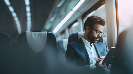 Business Commute: A focused business person is absorbed in their work on a tablet device, capturing the essence of modern work travel, embodying productivity and efficiency.