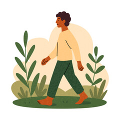 Boy walks barefoot on the grass. People in nature. Boy on a walk. Cottagecore lifestyle. Digital Detox. Harmony with nature vibe. Slow living, relaxing. Flat vector illustration