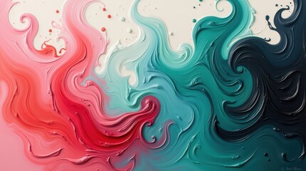 Fototapeta premium Abstract swirling paint texture in pink teal and dark green hues