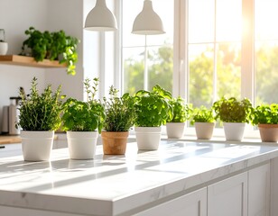 Minimalist Kitchen with Marble Counters and Green Potted Herbs