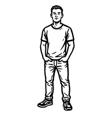 Obraz premium Full Length Portrait of Man Standing with Hands in Pockets in Detailed Black and White Line Art