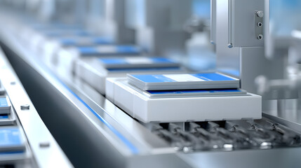 Automation Process: A detailed shot unveils the meticulous and streamlined operations within a factory, showcasing automated processes along a conveyor belt.