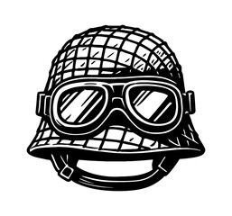 Naklejka premium Military Helmet and Goggles Illustration in Black and White Style, war concept design