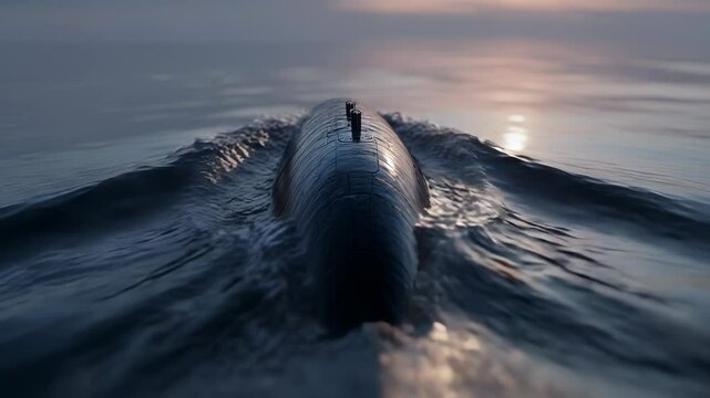 Submarine Surfacing at Dawn: A Powerful Naval Vessel Breaking the Water's Surface, Creating Waves and a Sense of Strength and Military Might