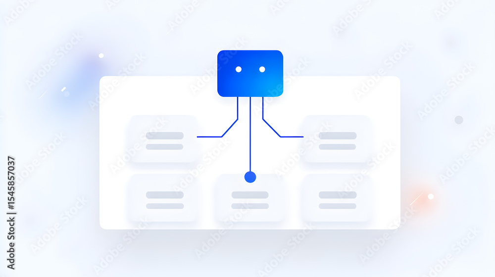 Poster data flow illustration: a clean graphic of a blue square linked by lines to rectangles represents da