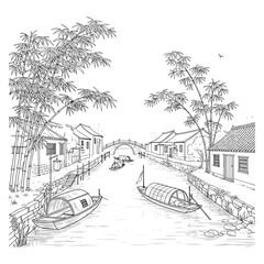 Black and White Canal Scene Asian Village Boats Bamboo