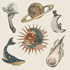 vintage beach,star ,moon,flower,butterfly,birds,bee,cat Grunge punk dots texture. Vector illustration for vintage music poster or banner.