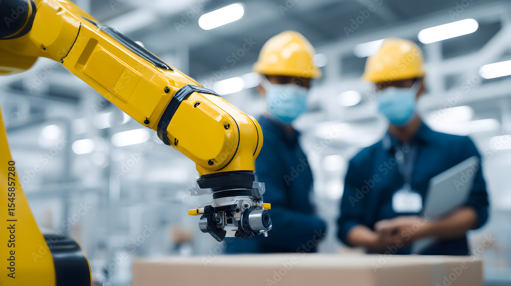 Poster precision in progress: in a state-of-the-art factory, a robotic arm meticulously handles a package u