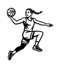 Woman basketball player with basketball jumping in outline line art drawing
