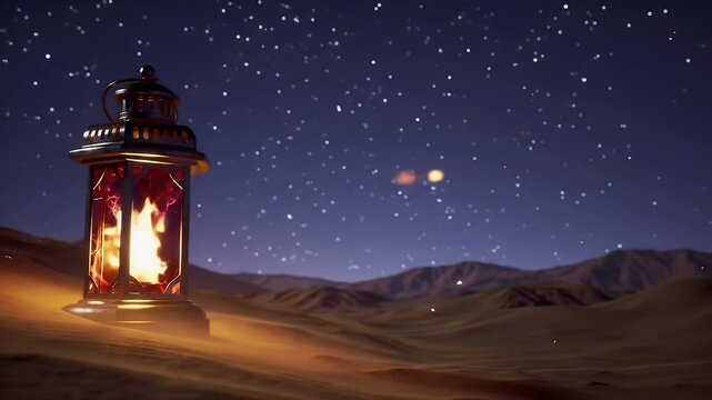 Ornate Lantern Illuminates Desert Landscape Under Starlit Night Sky Rich Cultural Ramadan Atmosphere Perfect For Decoration