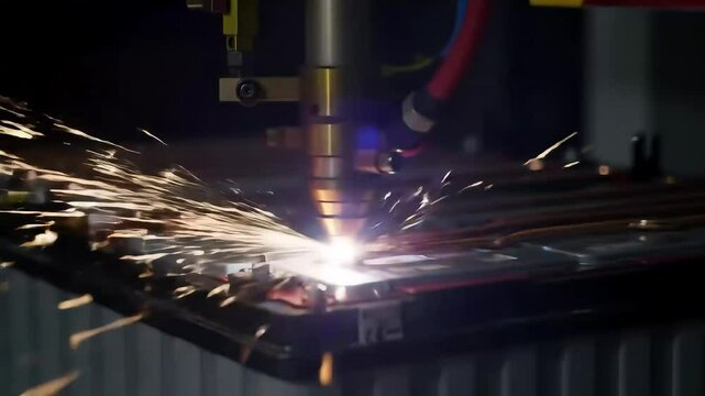 Dramatic slow-motion footage of a robotic arm equipped with a laser welding machine. The robotic arm moves across the top of a battery module, connecting the cells with copper busbars.