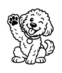 Happy Dog Waving Paw with Tongue Out in Black and White Outline Line Art Drawing