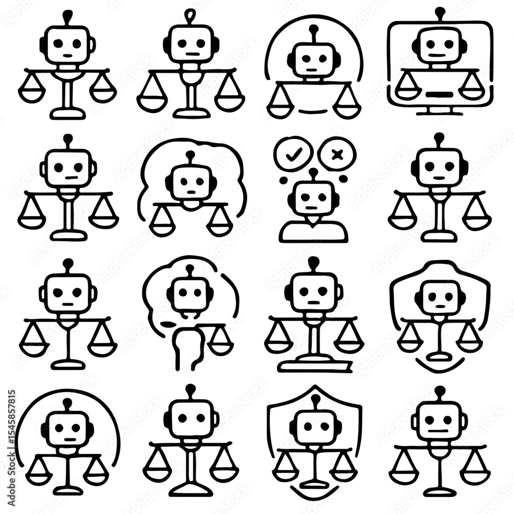 Poster an array of robot-themed illustrations depicting justice and balance