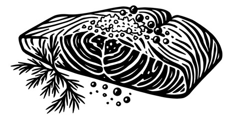 Engraved illustration of salmon fillet with herbs and lemon zest