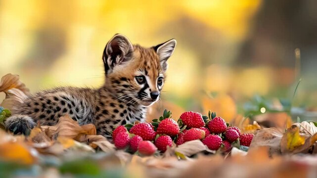 A spotted genet cub near a cluster of strawberries on fallen leaves under morning light with vivid focus