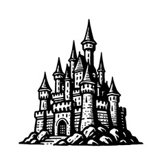 Obraz premium Detailed Black and White Woodcut Style Illustration of a Castle on Rocks