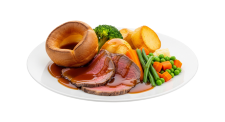 Roast Beef Dinner isolated on white background. British food