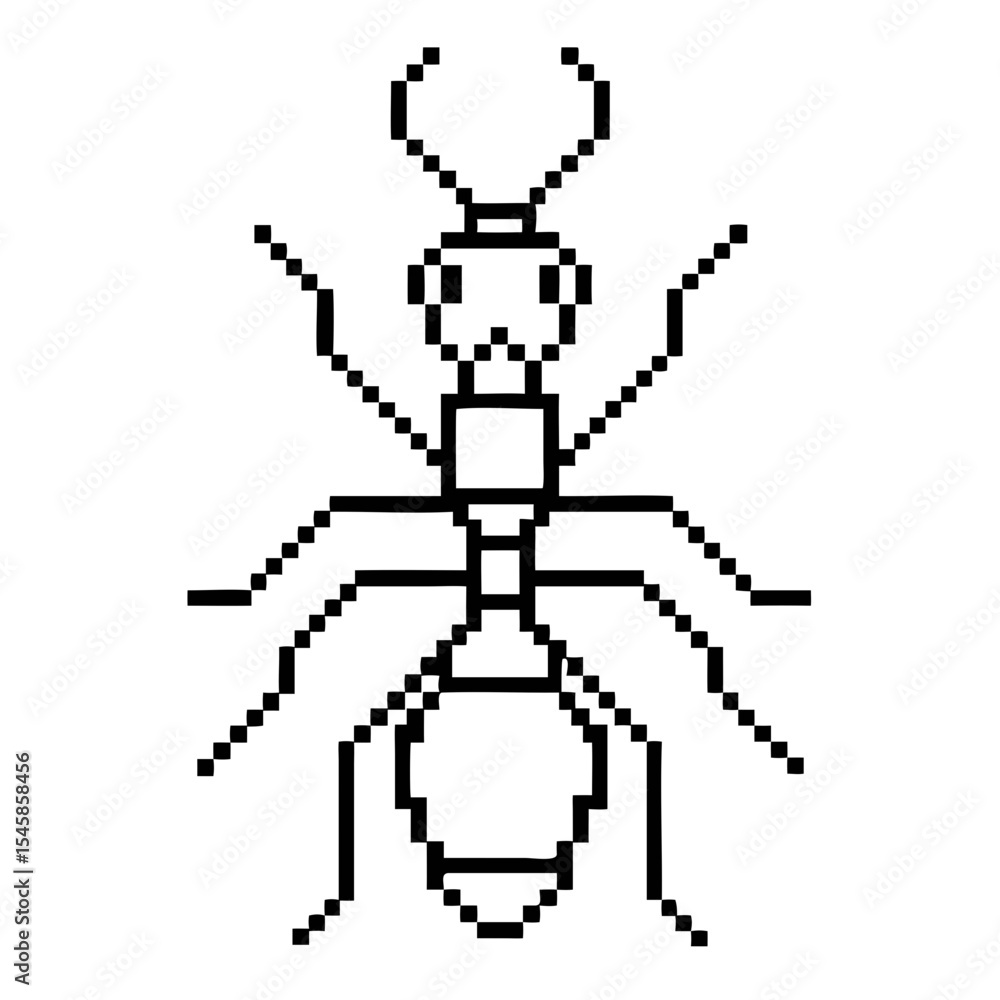 Poster ant in pixel art style showcasing intricate details and symmetry in black outline design