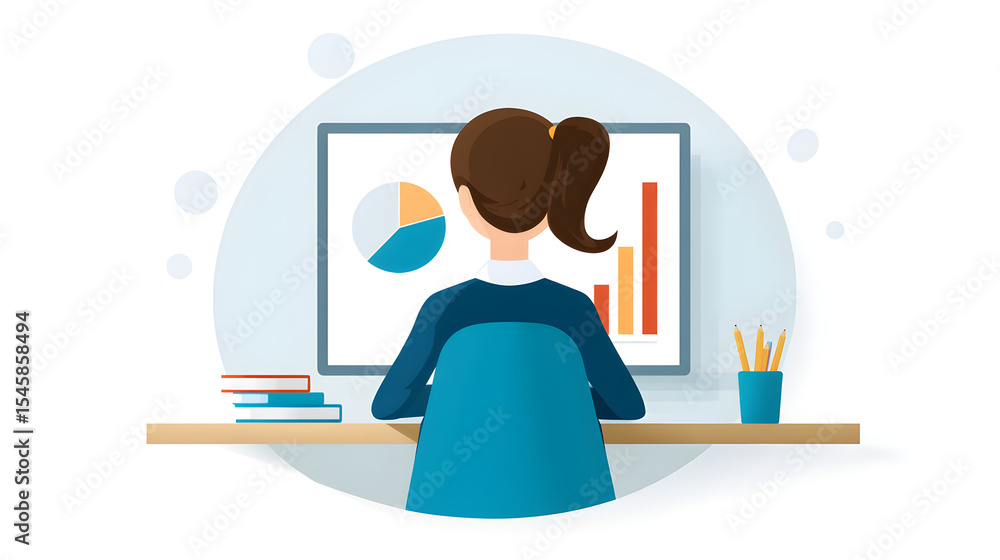 Poster analyzing data: a professional analyst meticulously reviews financial charts, displayed on a compute
