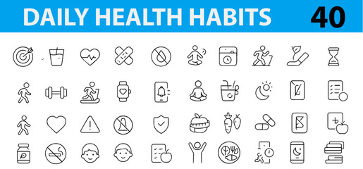 Daily Health Habit Line Icons, Water, Sleep, Workout, Meal, Steps, Meditation, Hygiene, Vitamins, stretching, hand washing, dental hygiene, skin care, heart rate