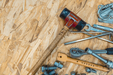 assembly, background, bolts, carabiner, carpentry, close-up, construction, craft, dirty, diy, engineering, equipment, factory, flat lay, garage, grunge, hammer, hardware, heavy duty, industrial, labor