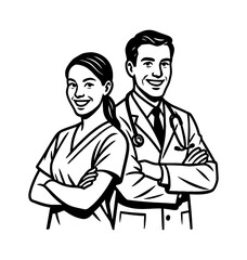 Obraz premium Smiling medical team, doctor and nurse with crossed arms in black and white illustration